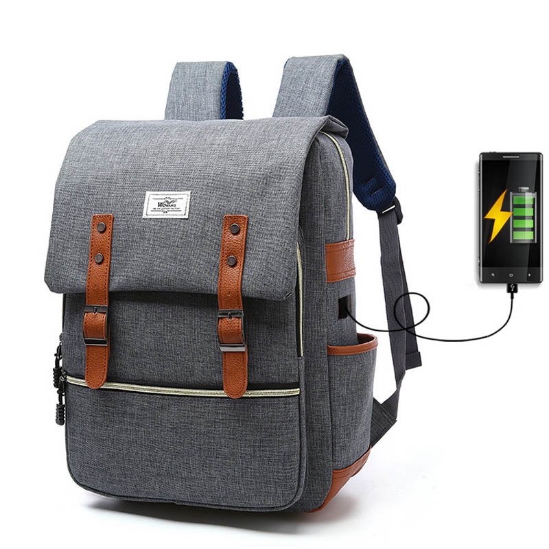 RetroCharge Canvas Backpack – Vintage School & Travel Bag with USB Charging Port