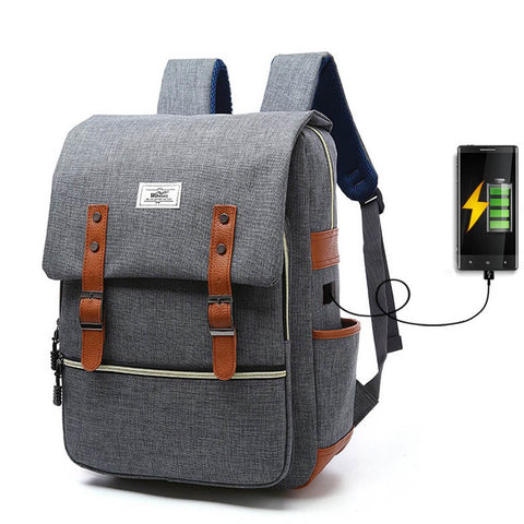 RetroCharge Canvas Backpack – Vintage School & Travel Bag with USB Charging Port
